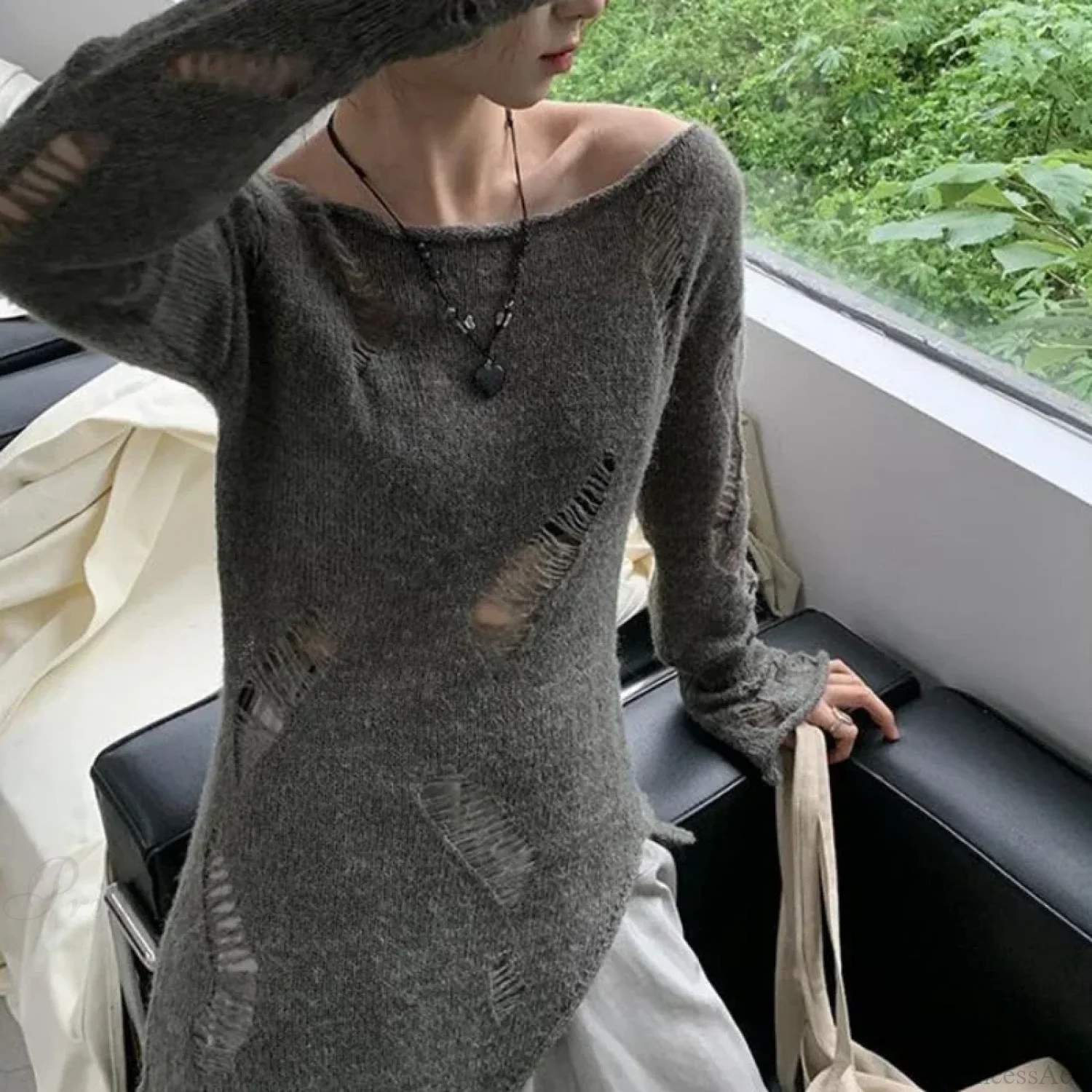 Grunge Hollow Out Knitted Sweater Slim Thin Pullover Knit Top - Image 2