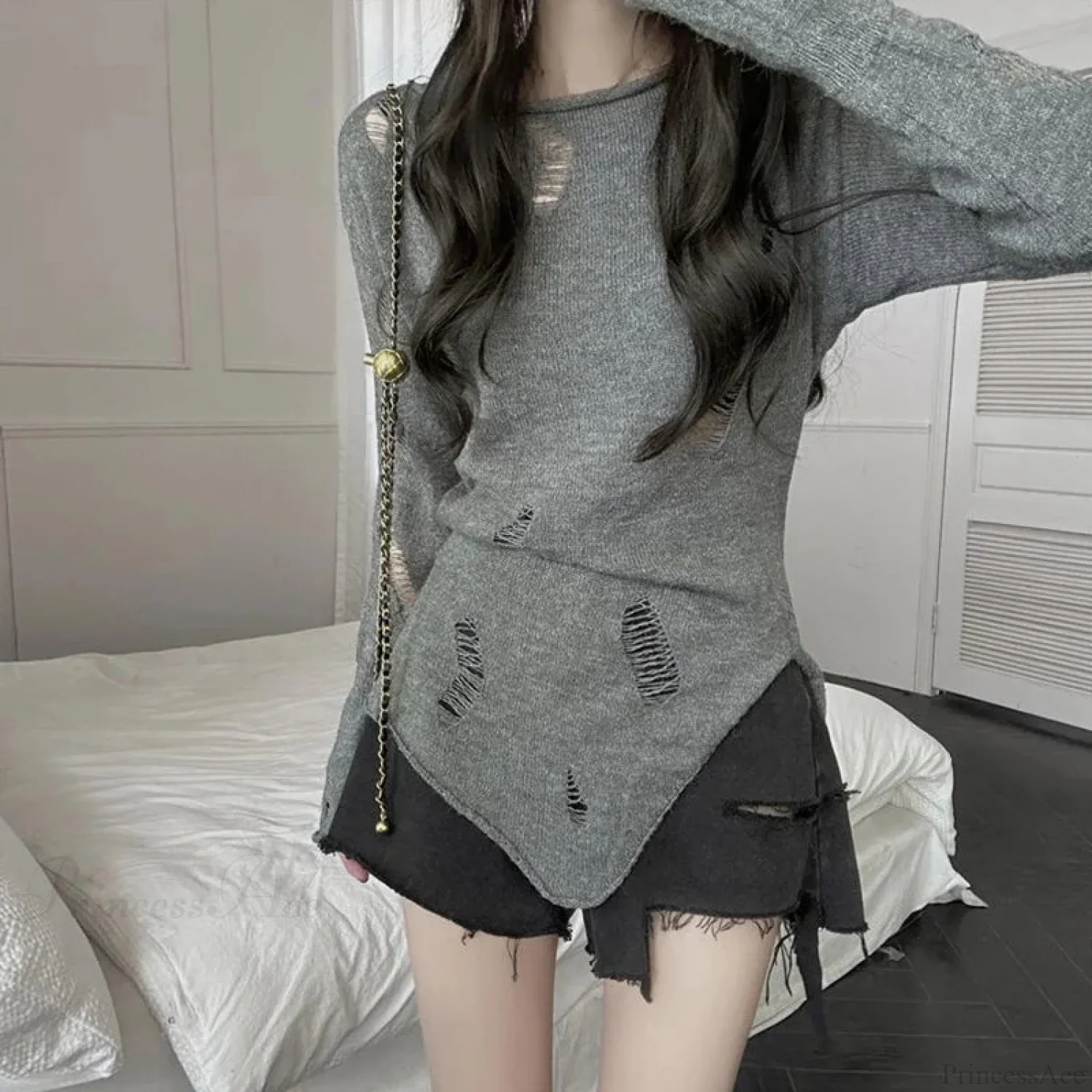 Grunge Hollow Out Knitted Sweater Slim Thin Pullover Knit Top - Image 5