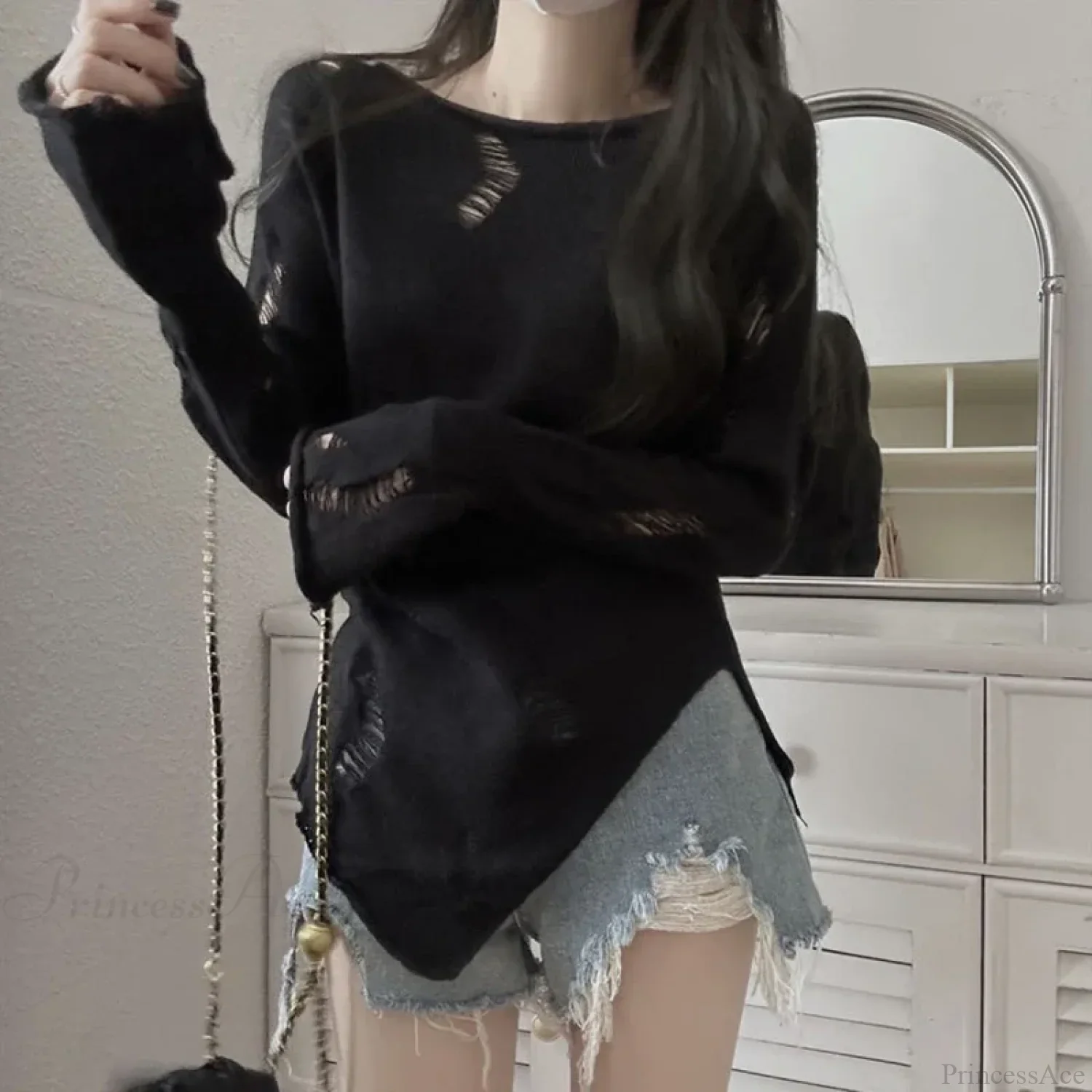 Grunge Hollow Out Knitted Sweater Slim Thin Pullover Knit Top - Image 6