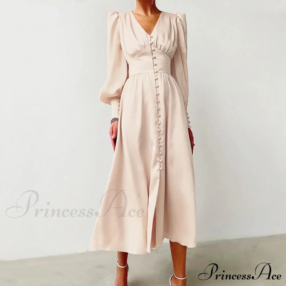 Guest Wedding Satin Full-Length Silk Gown Mid-Calf Empire Evening Vintage Party Buttons Dress