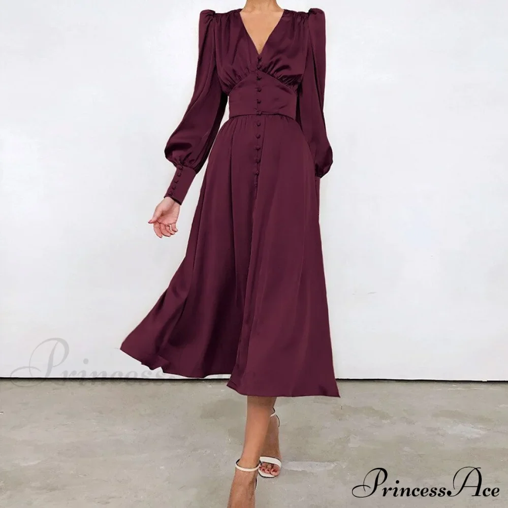 Guest Wedding Satin Full-Length Silk Gown Mid-Calf Empire Evening Vintage Party Buttons Dress - Image 10