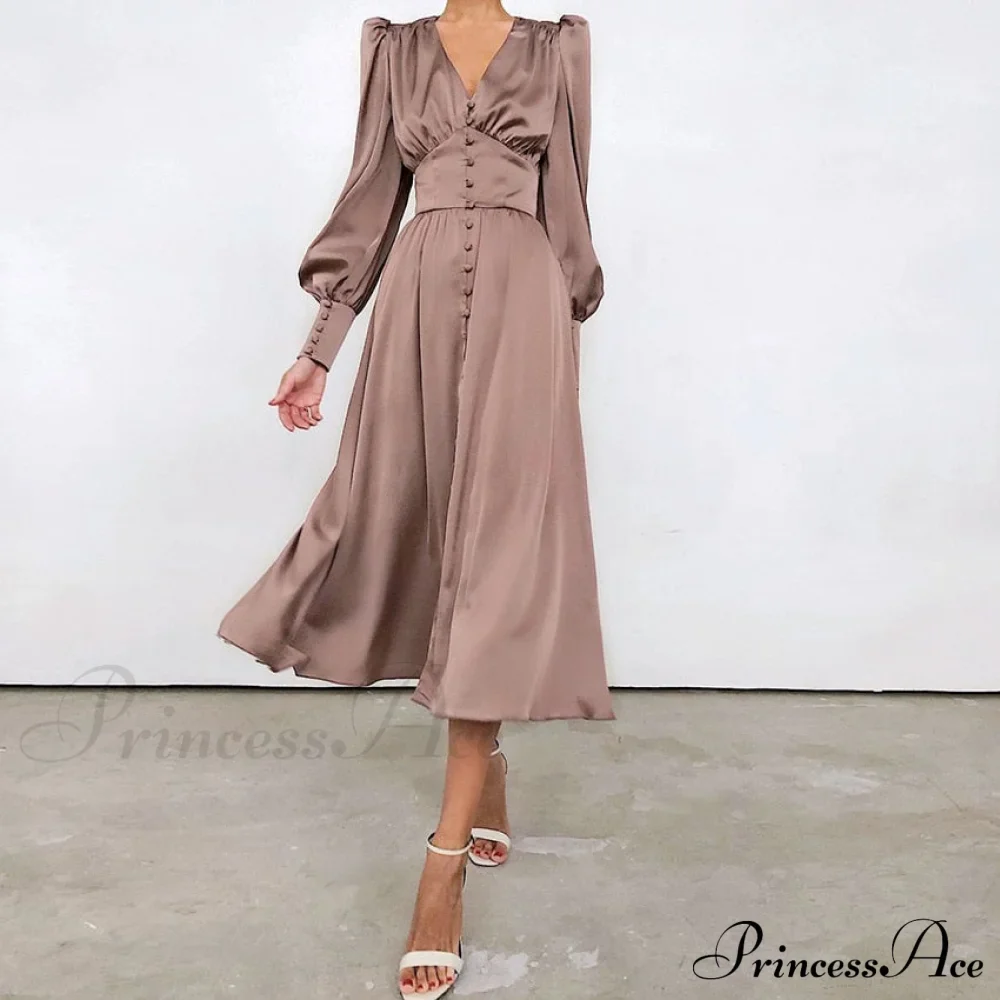 Guest Wedding Satin Full-Length Silk Gown Mid-Calf Empire Evening Vintage Party Buttons Dress - Image 3