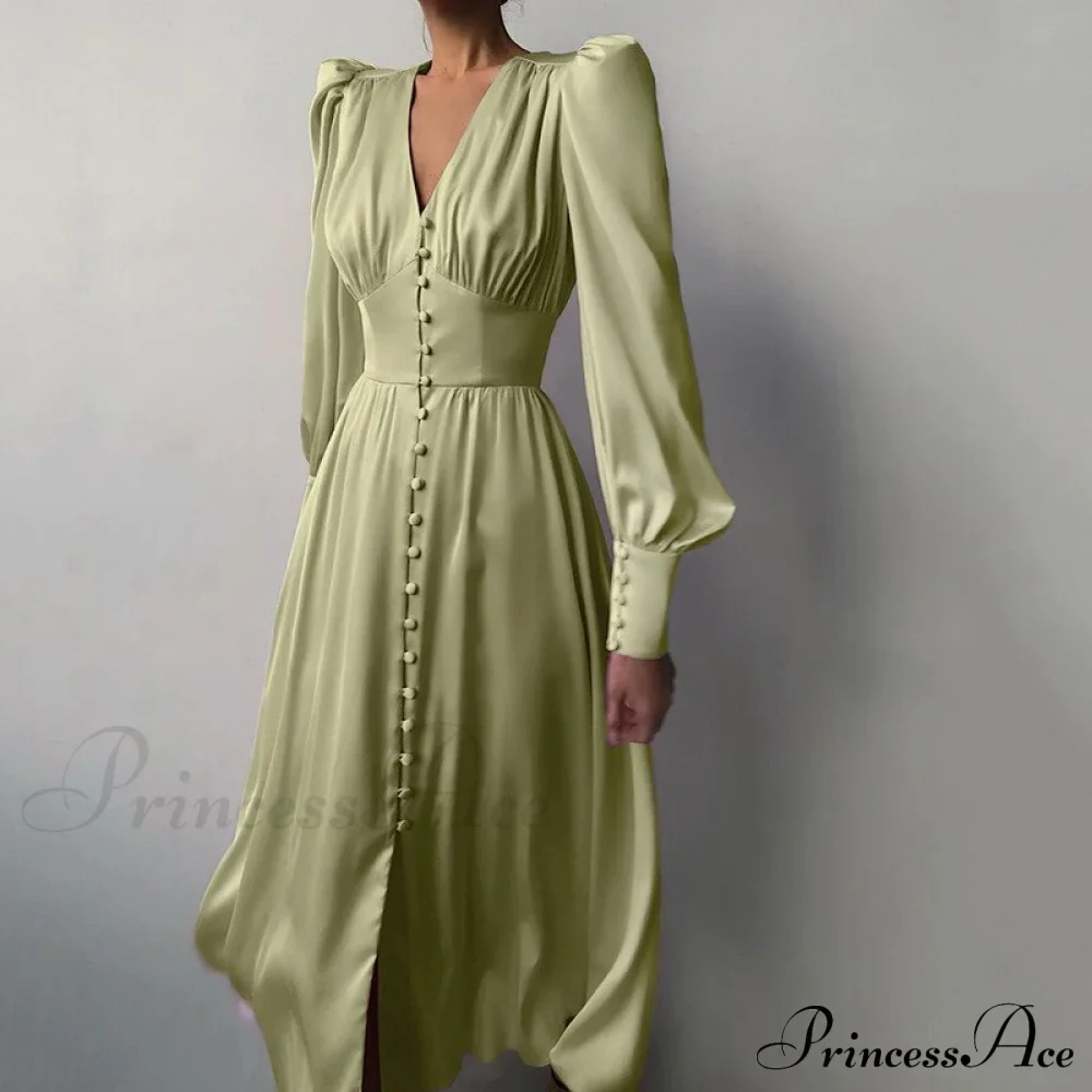 Guest Wedding Satin Full-Length Silk Gown Mid-Calf Empire Evening Vintage Party Buttons Dress - Image 6