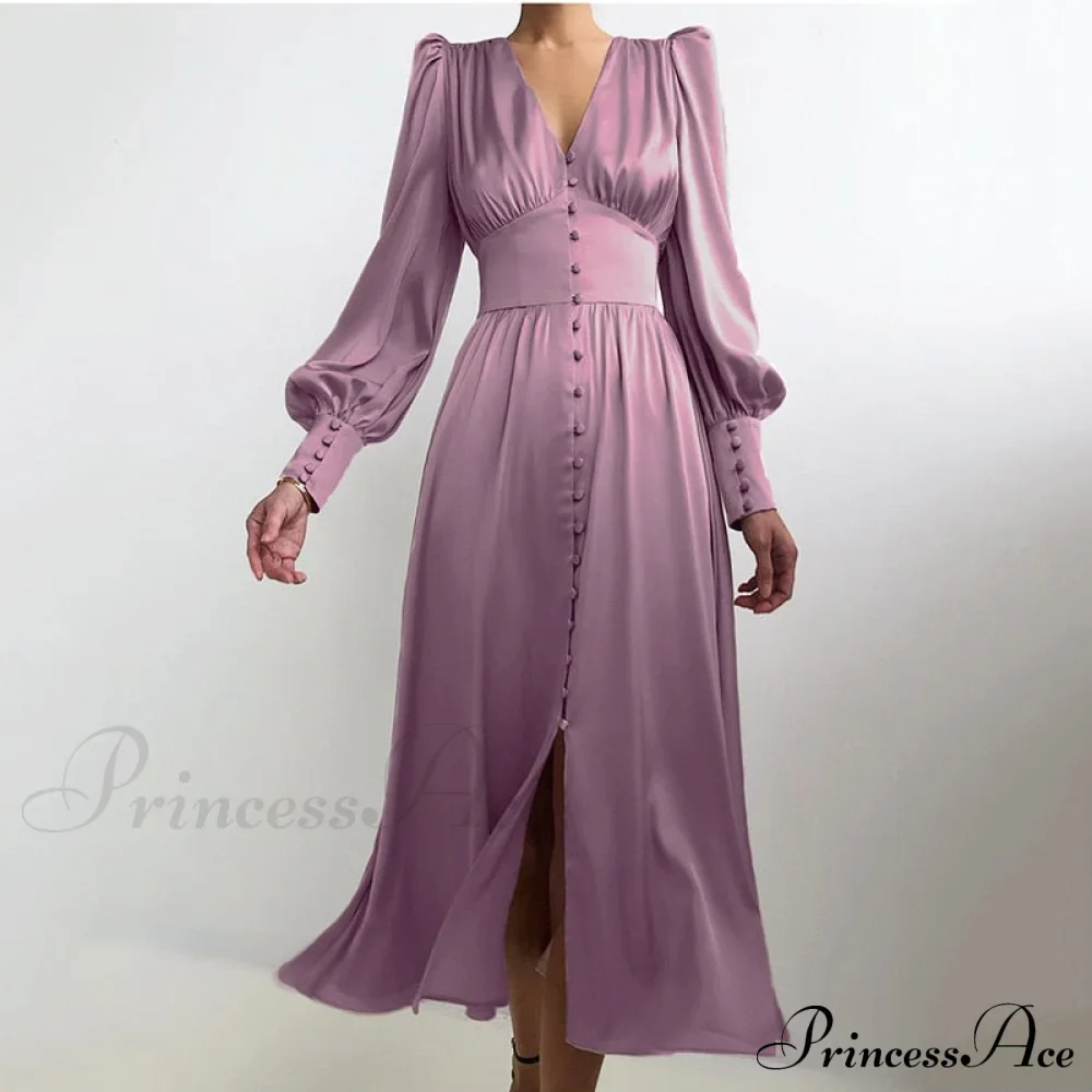 Guest Wedding Satin Full-Length Silk Gown Mid-Calf Empire Evening Vintage Party Buttons Dress - Image 8
