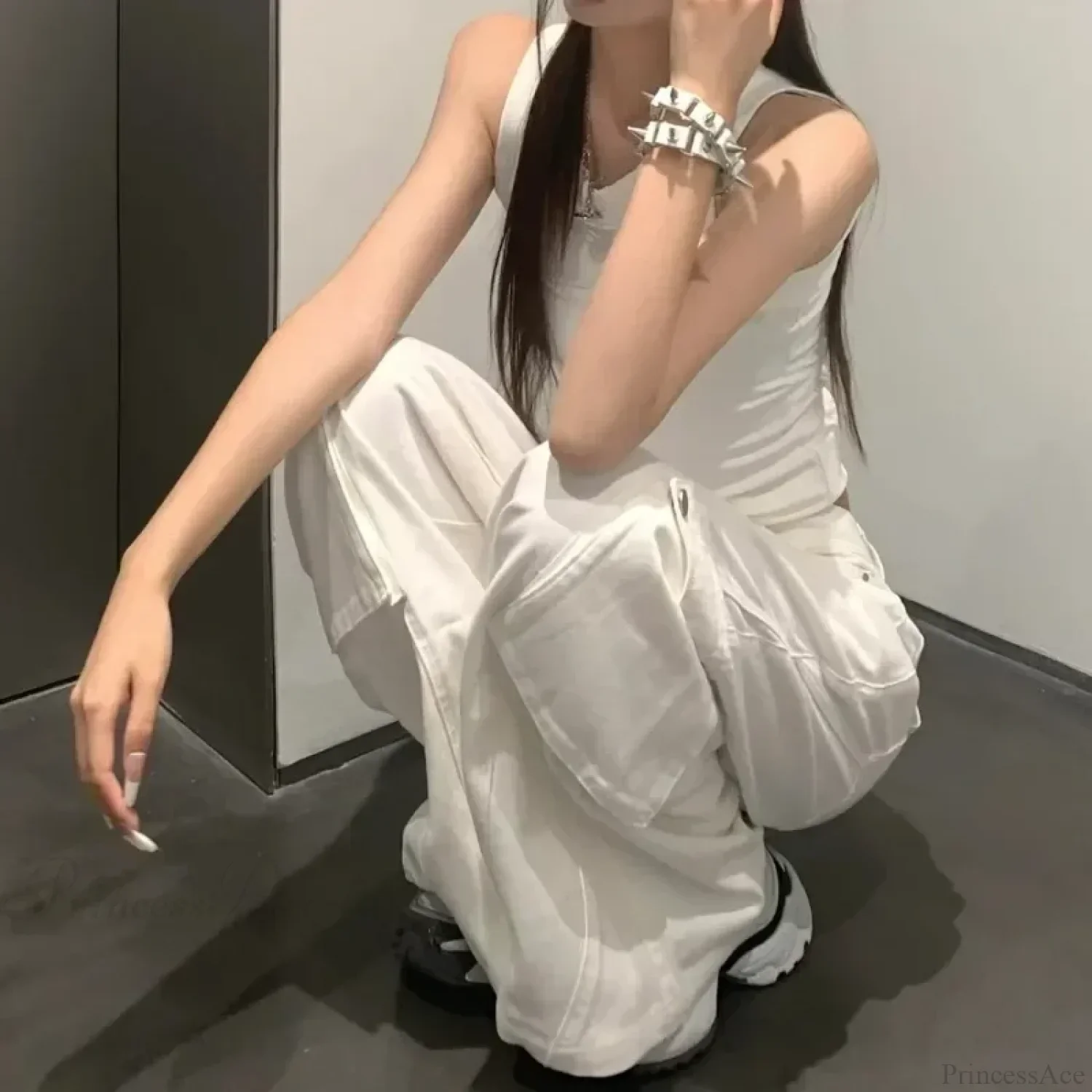 Gyaru White Cargo Jeans Wide Leg Pants - Image 2