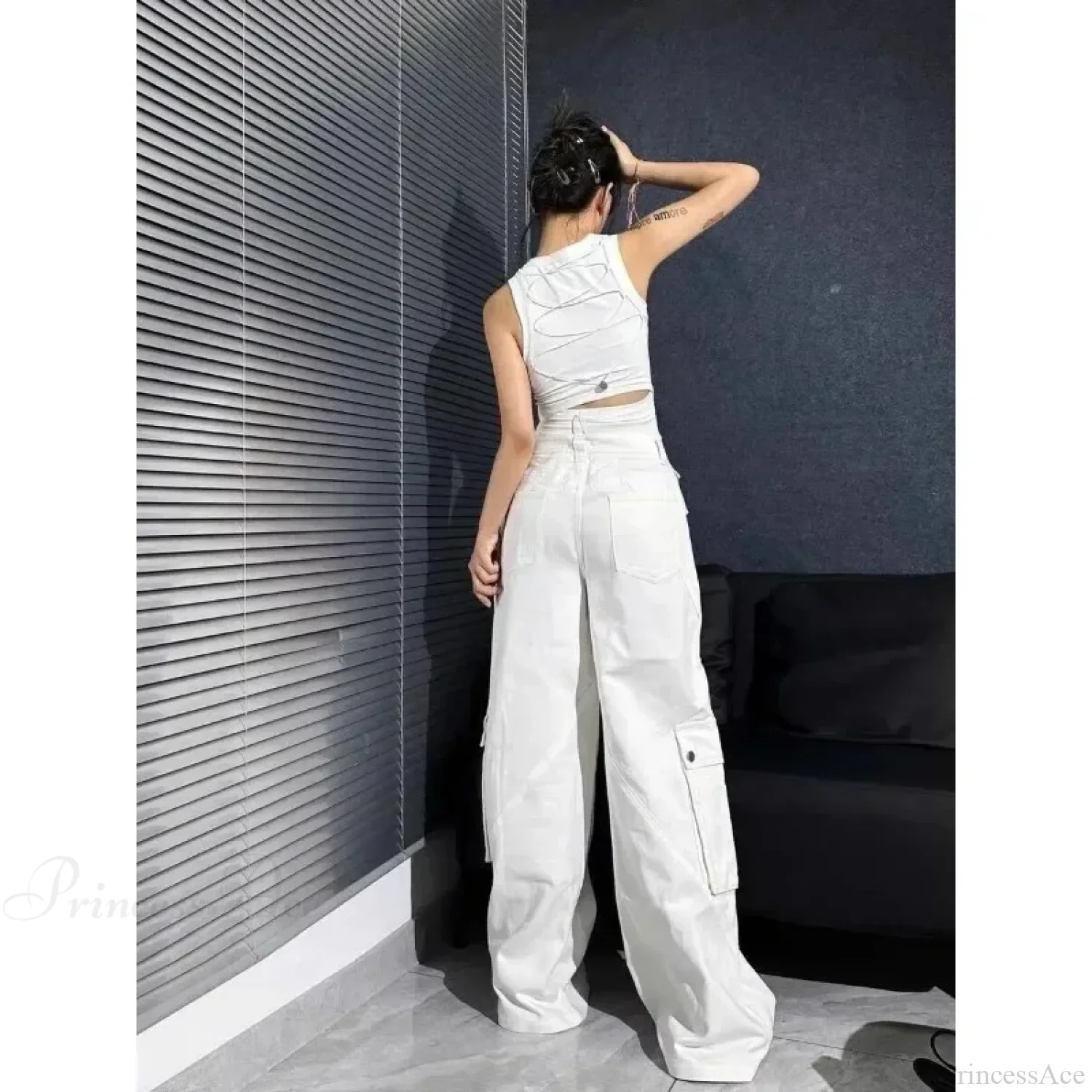 Gyaru White Cargo Jeans Wide Leg Pants - Image 4