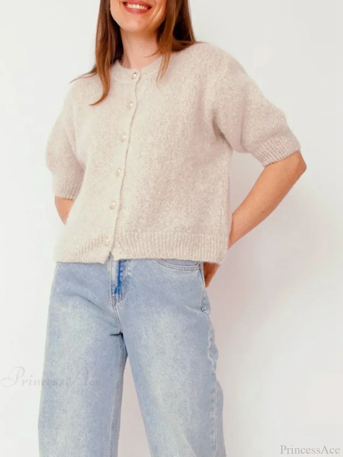 Half Sleeve O Neck Button-Up Knit Cardigan - Image 3