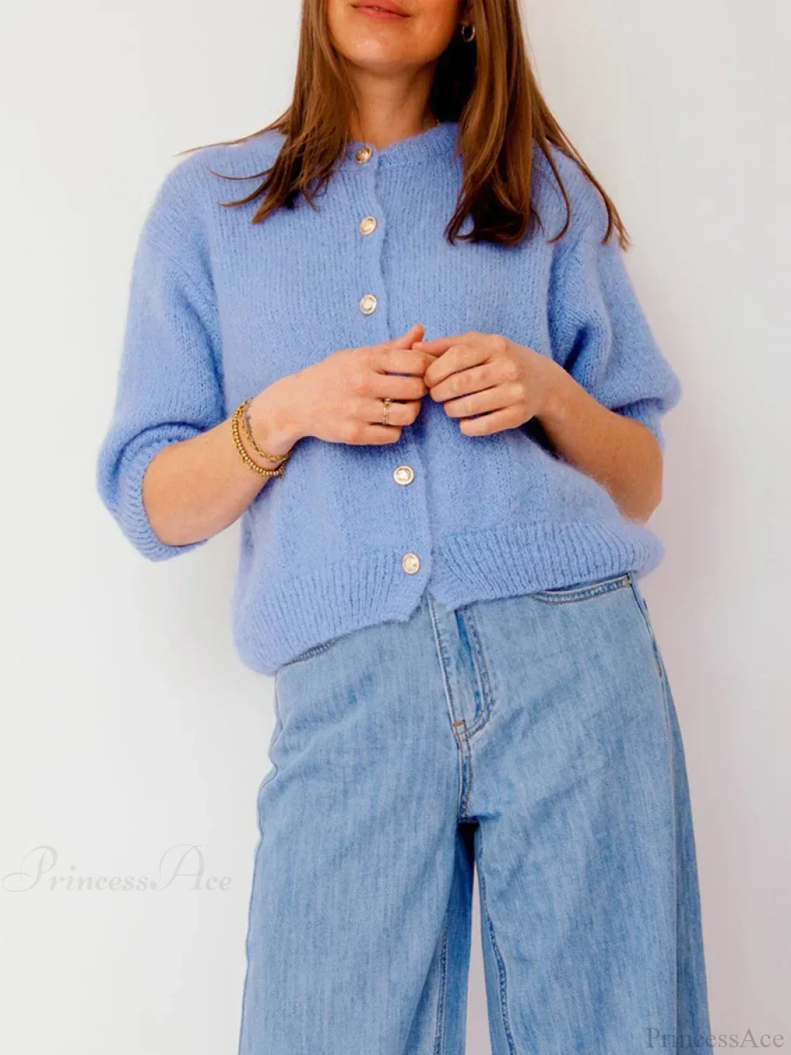 Half Sleeve O Neck Button-Up Knit Cardigan - Image 9