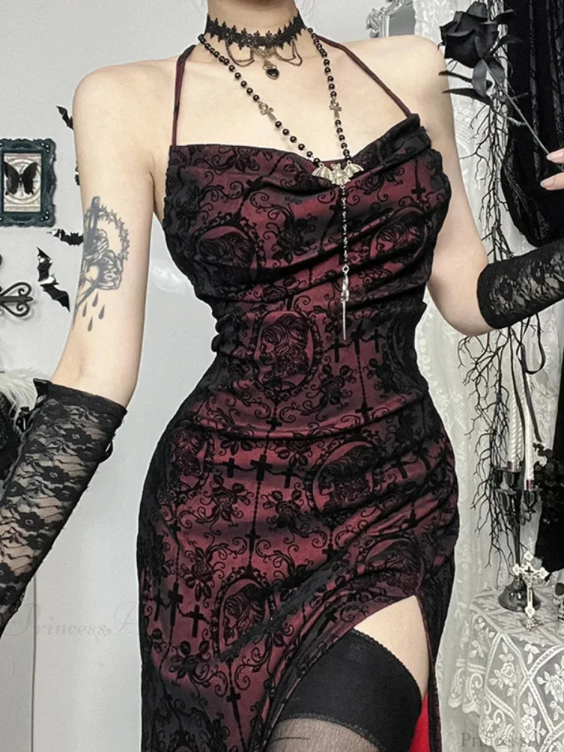Halloween Cross Floral Halter Flocking Maxi Dress - Image 3
