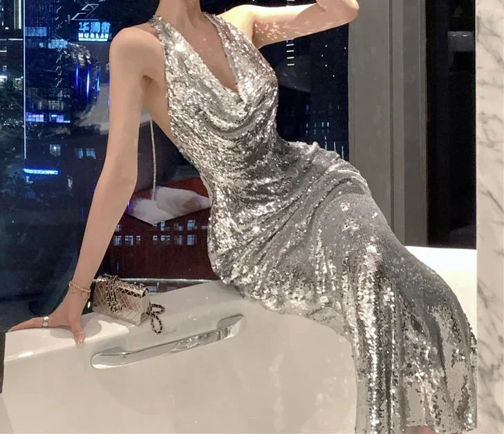 Halter Backless Pile Collar Mermaid Party Dress - Image 3