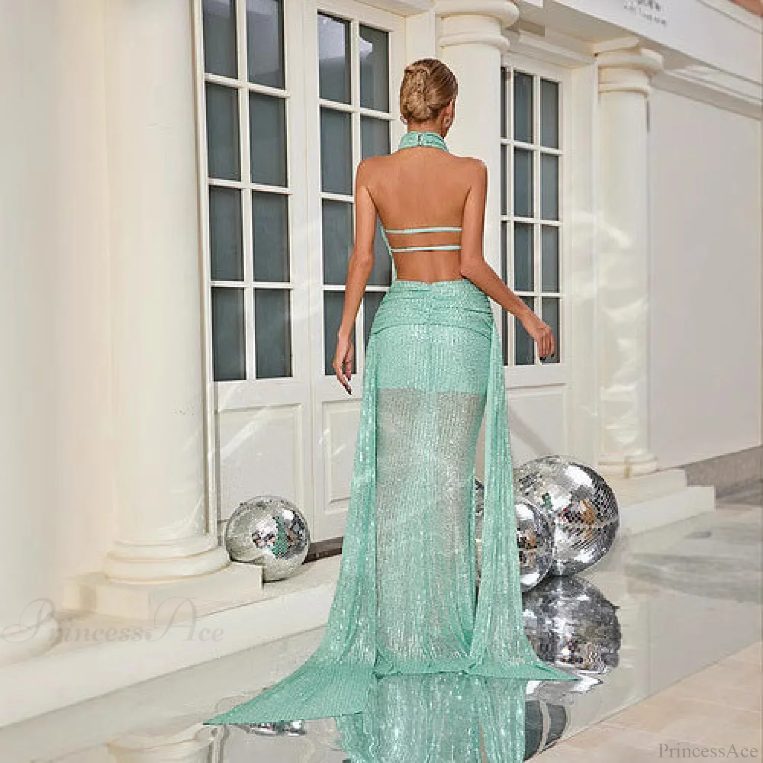 Halter Backless Sequin Mermaid Floor Length Prom Dress - Image 3