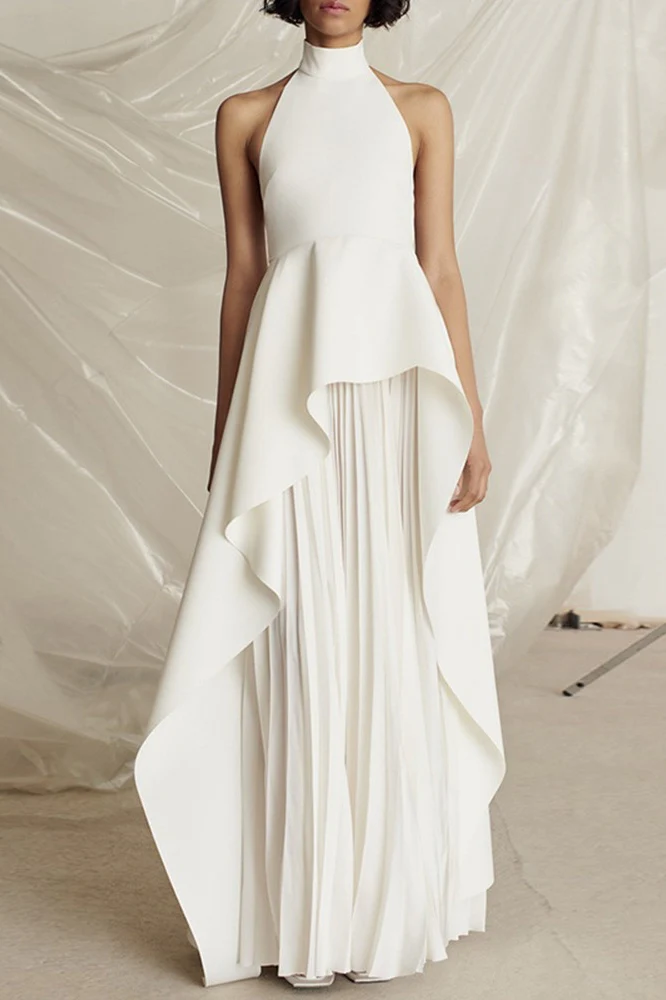 Halter Black White Contrast Pleated Prom Dress