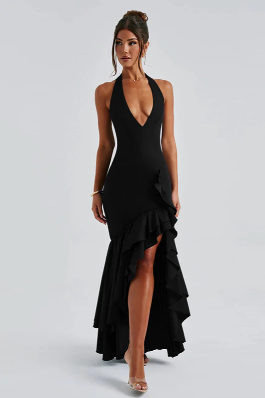 Halter Deep V Ruffled Bodycon Party Dress