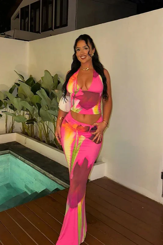 Halter Neck Printed Crop Top Bodycon Maxi Dress - Image 2