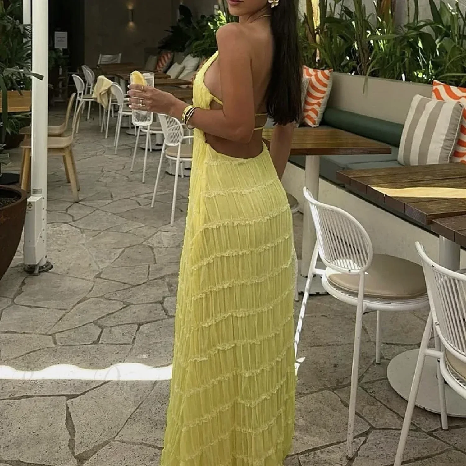 Halter Pleated Boho Vacation Dress - Image 3