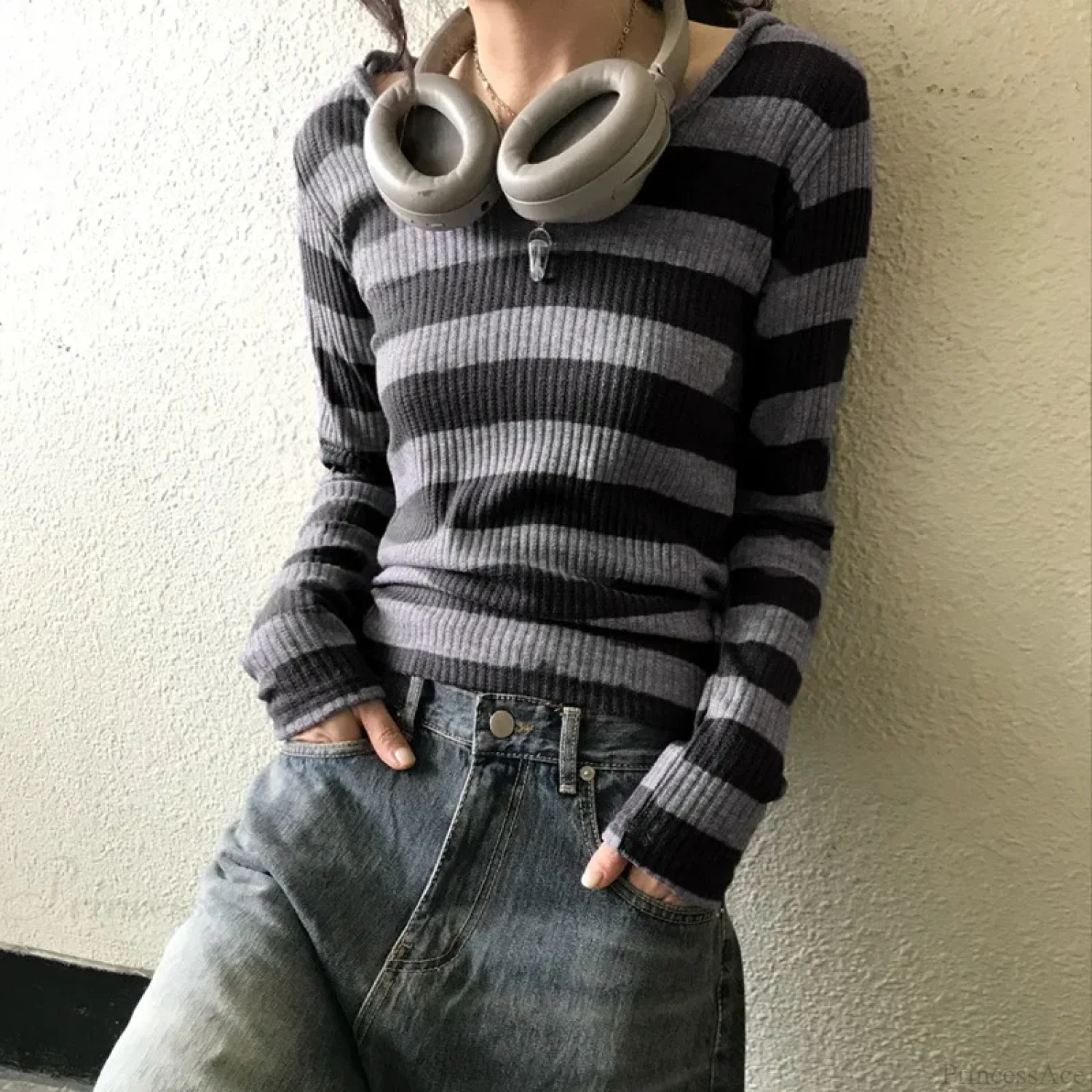 Harajuku Stripe Hooded Slim Contrast Color Long Sleeve Knit Top - Image 3