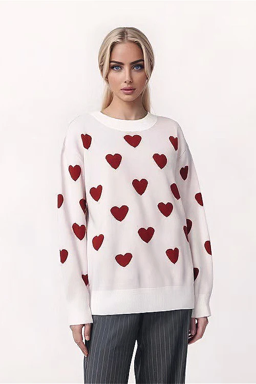 Heart-Accented Crew-Neck Long-Sleeve Loose Sweater - Image 2