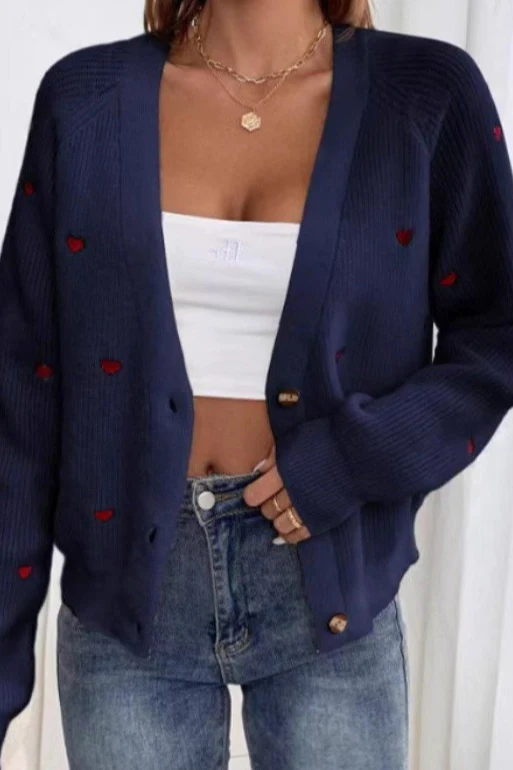 Heart Embroidery V Neck Cardigan - Image 5