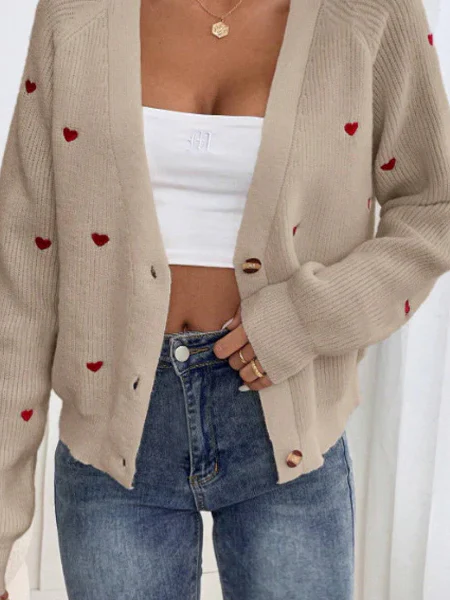 Heart Embroidery V-Neck Knit Cardigan - Image 11