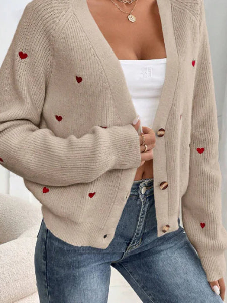Heart Embroidery V-Neck Knit Cardigan - Image 12