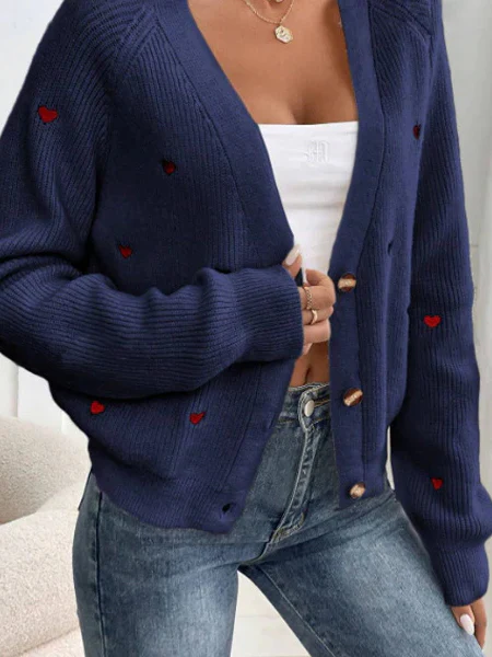 Heart Embroidery V-Neck Knit Cardigan - Image 15