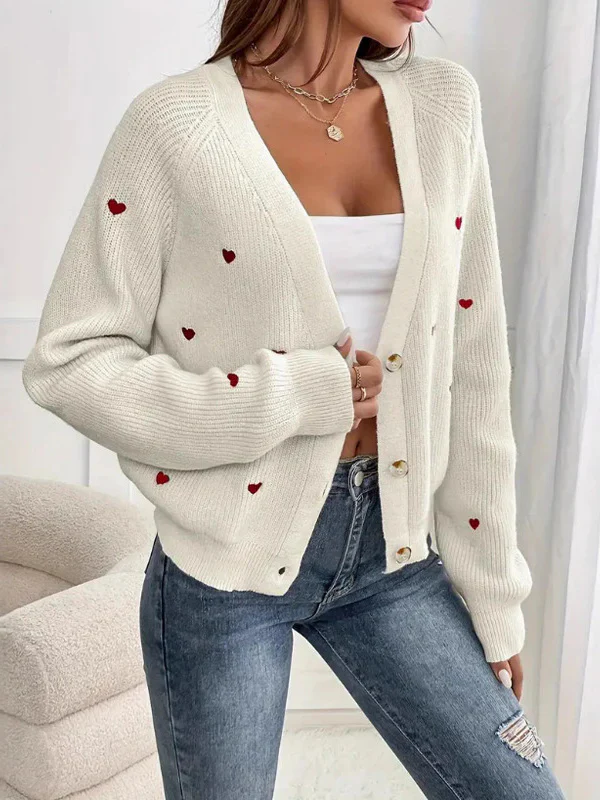Heart Embroidery V-Neck Knit Cardigan - Image 4