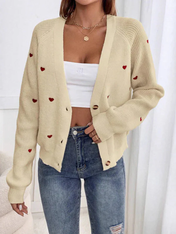 Heart Embroidery V-Neck Knit Cardigan - Image 7