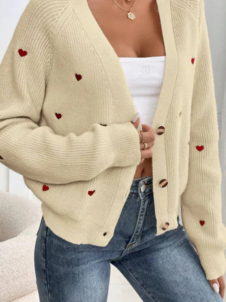 Heart Embroidery V-Neck Knit Cardigan - Image 8