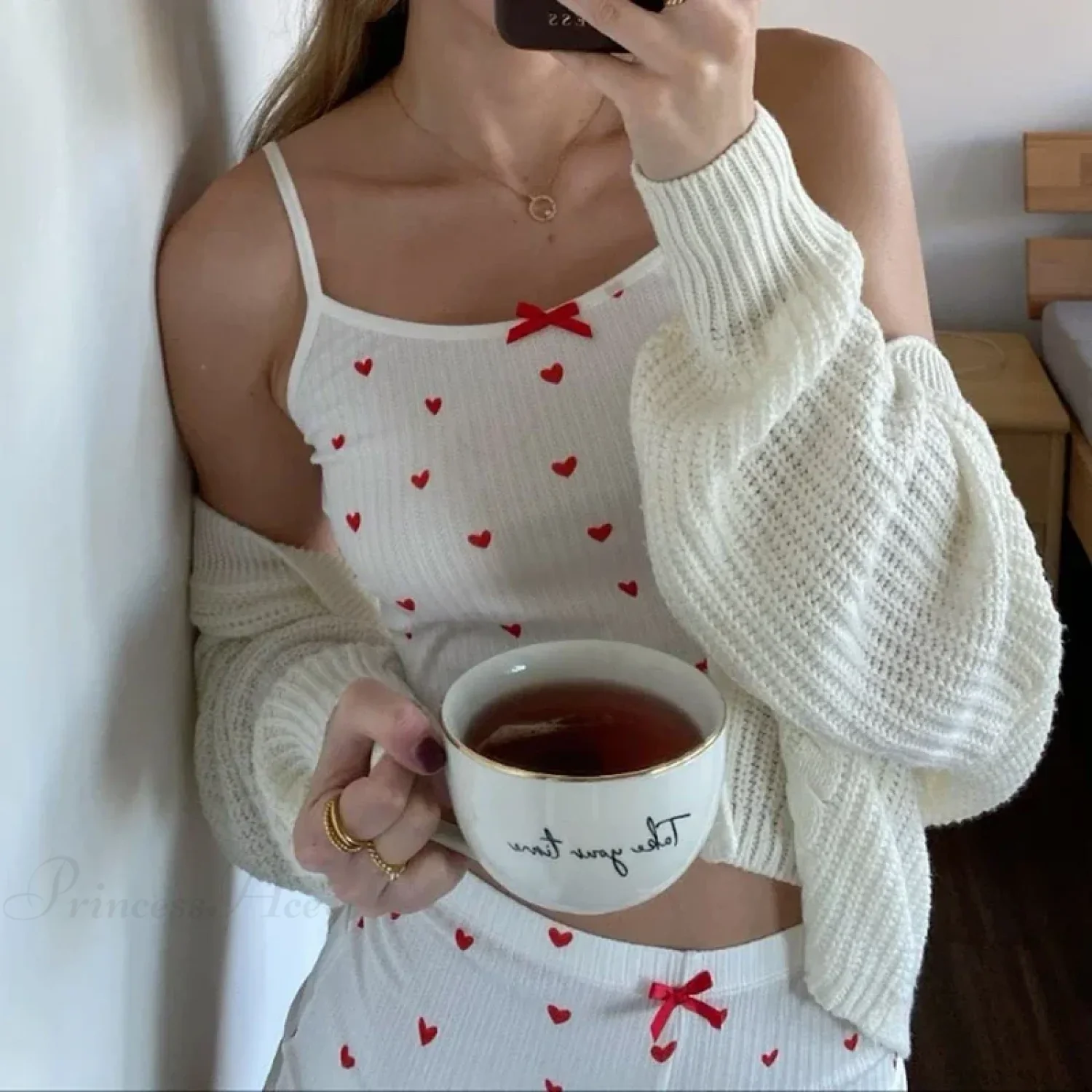 Heart Print Bow Trim Spaghetti Strap Camis Elastic Shorts Two Pieces Set - Image 3