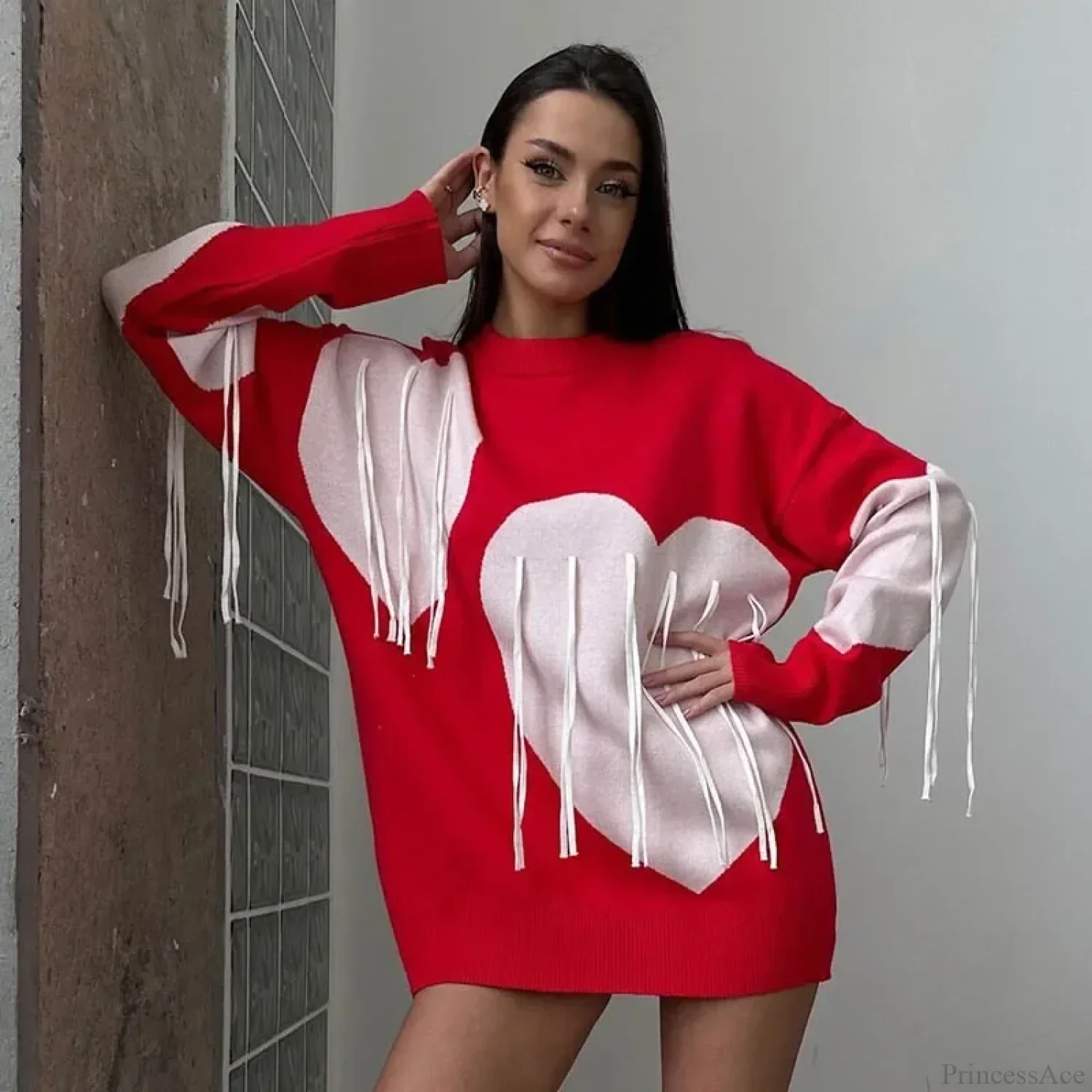 Heart Print O-neck Long Sleeve Sweater - Image 3