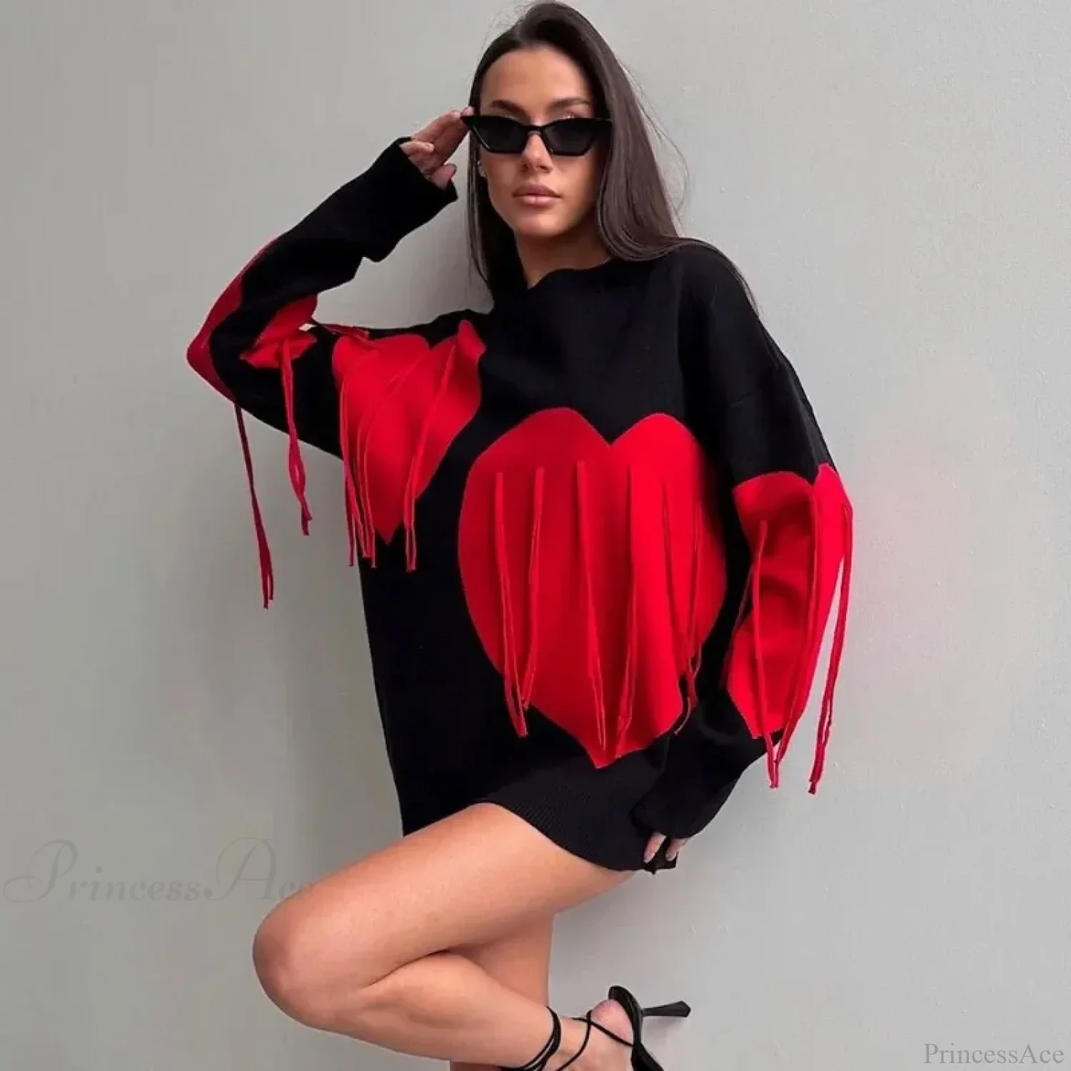 Heart Print O-neck Long Sleeve Sweater - Image 7