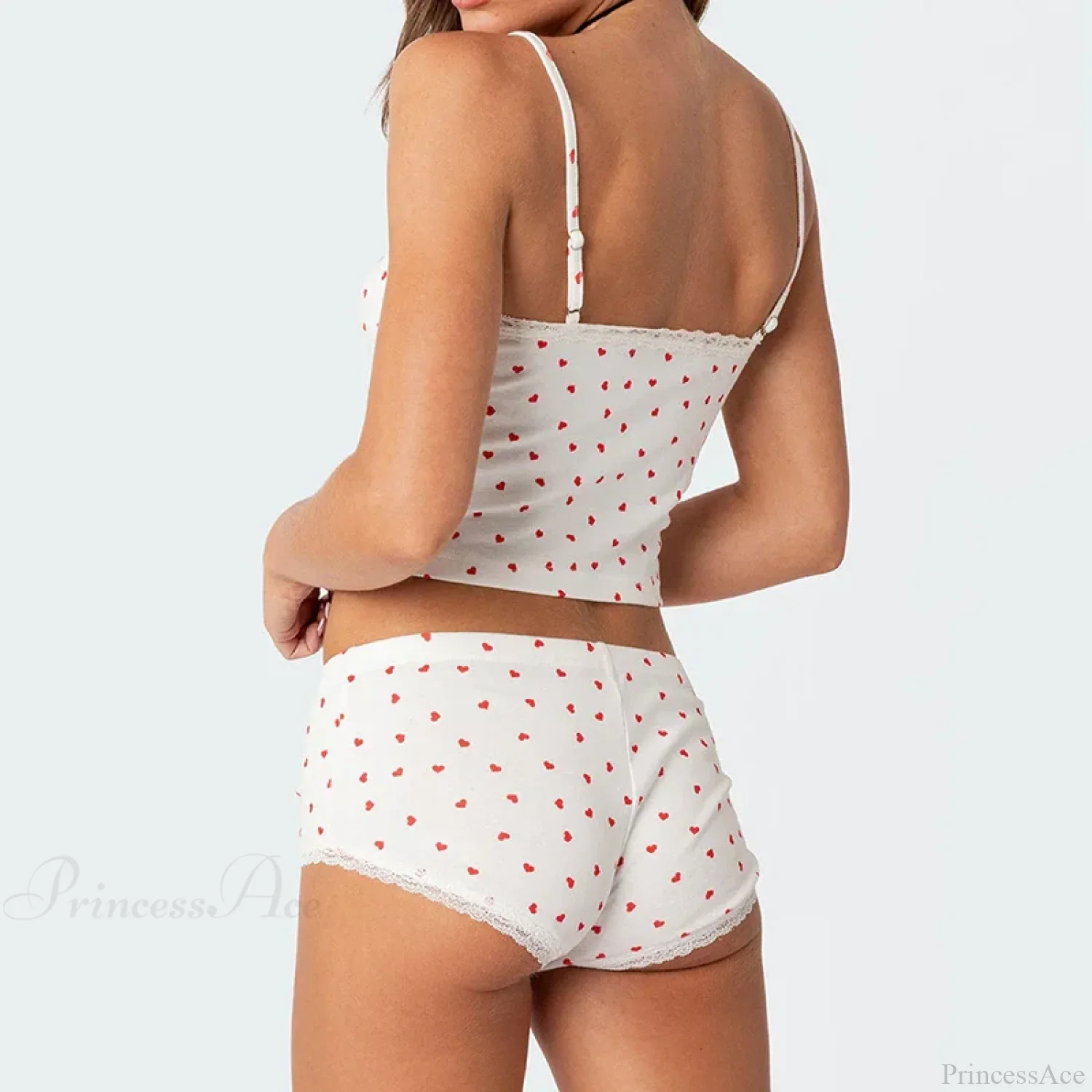 Heart Printed Kawaii Lace Trim Camis Micro Shorts Two Pieces Set - Image 2