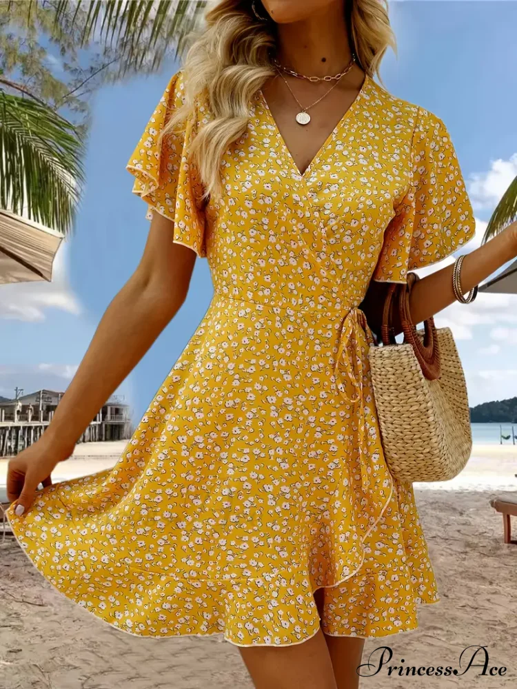 Hem V-Neck with Brief Wrap Flowered Ruffle Gown Design Sleeves