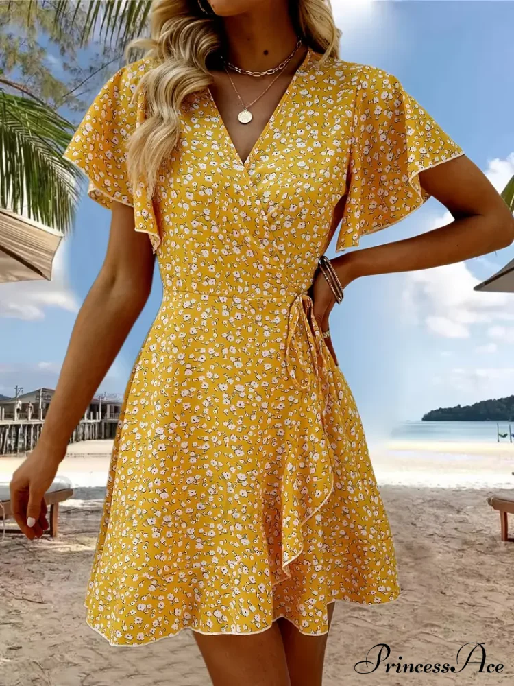 Hem V-Neck with Brief Wrap Flowered Ruffle Gown Design Sleeves - Image 5