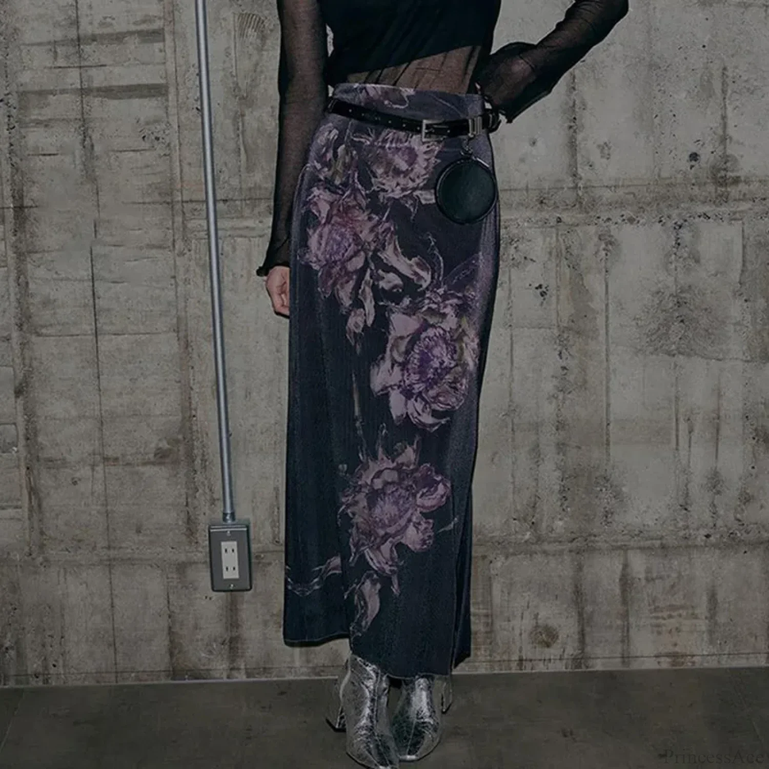 HEYounGIRL Vintage Purple Floral Print Slit Autumn Skirt - Image 2