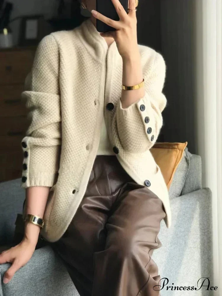 High-end Cashmere Wool Long Sleeve Half Collar Cardigan - Image 2