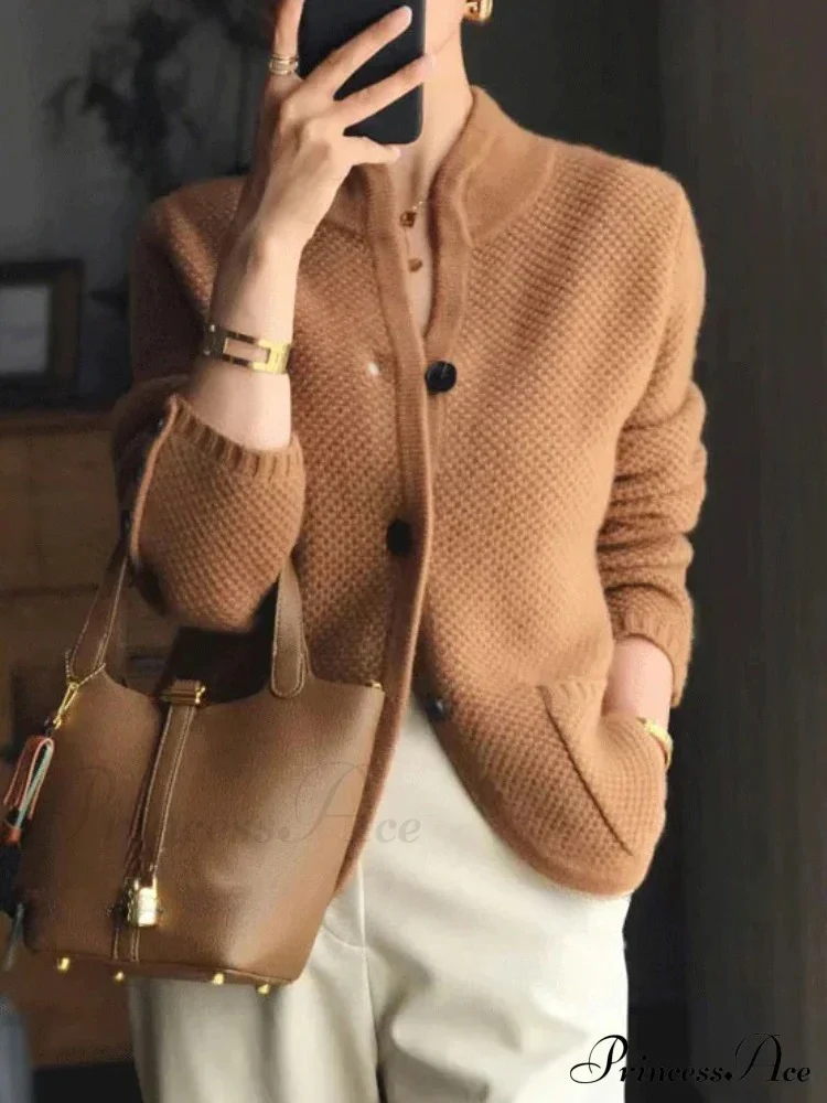 High-end Cashmere Wool Long Sleeve Half Collar Cardigan - Image 5