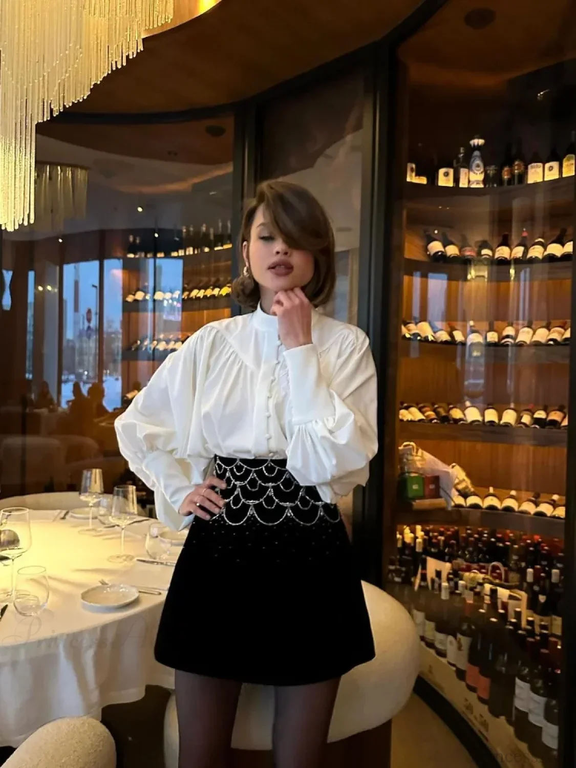 High Neck Fold Bubble Sleeve White Blouse - Image 3