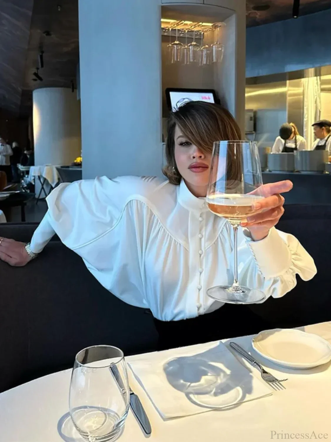 High Neck Fold Bubble Sleeve White Blouse - Image 4