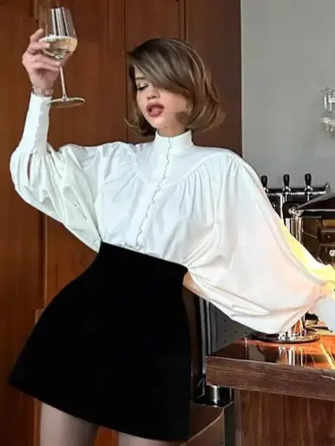 High Neck Fold Bubble Sleeve White Blouse - Image 7