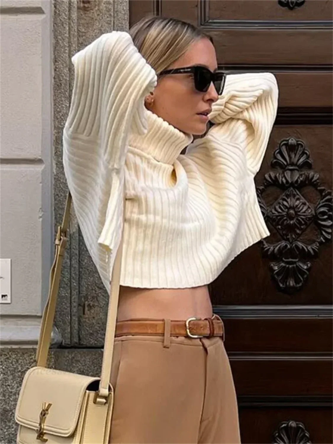 High Neck Ribbed Cropped Sweater - Image 4