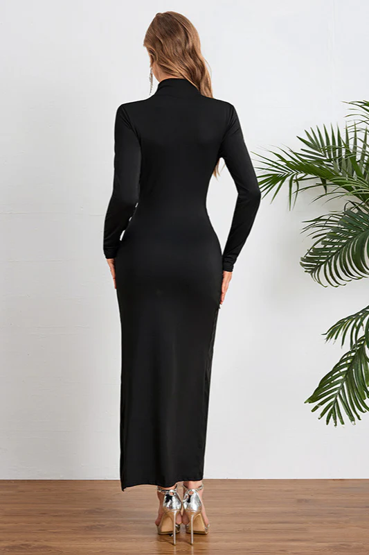 High Neck Ruched Split Bodycon Long Sleeve Party Dress - Image 3