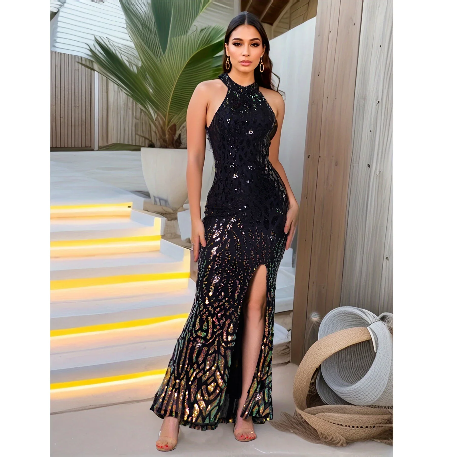 High Neck Sequin Front Slit Party Dress - Image 7