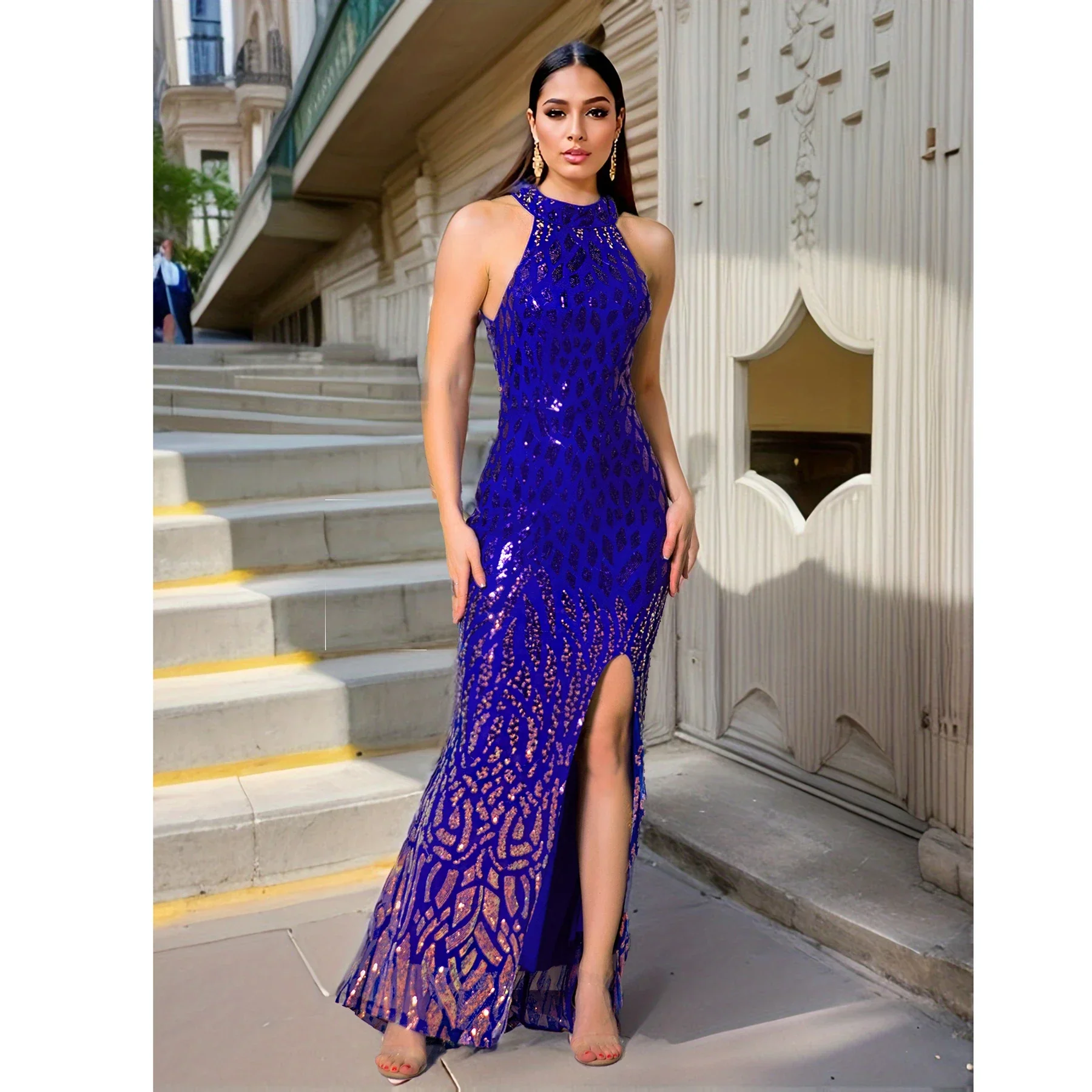 High Neck Sequin Front Slit Party Dress - Image 8
