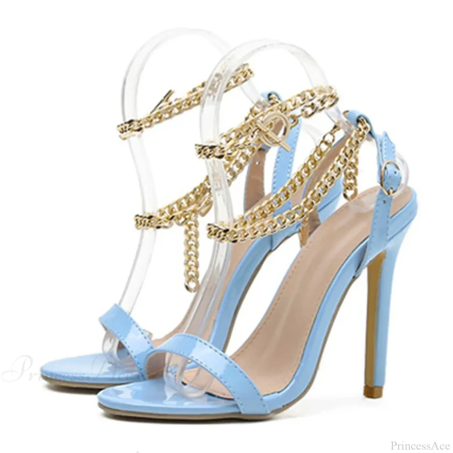 High-Quality Pink Patent-Leather Summer Women's Shoes Sandals Open-Toe Metal-Chain Ankle-Strap Sexy Stiletto High Heel - Image 5
