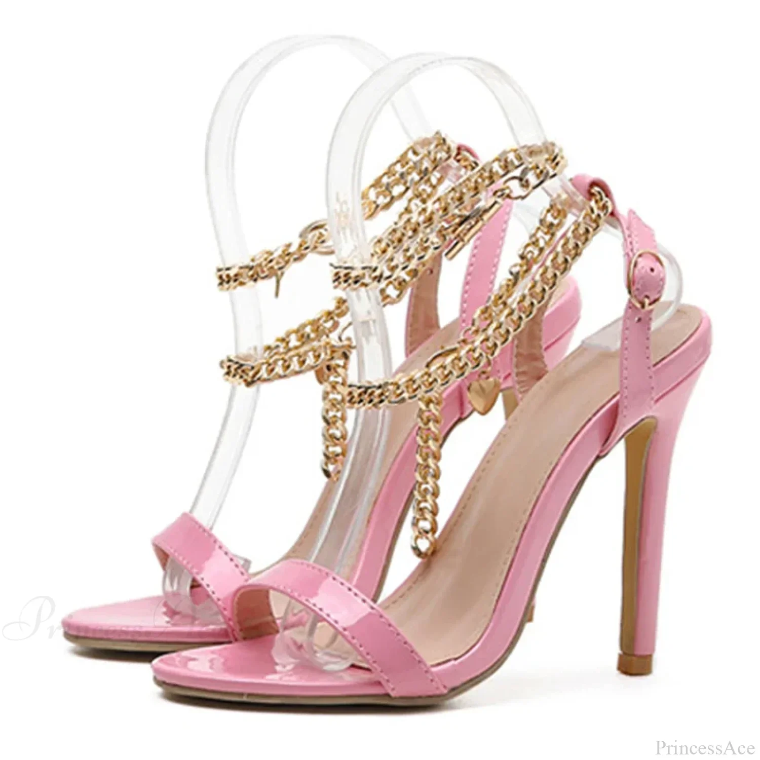 High-Quality Pink Patent-Leather Summer Women's Shoes Sandals Open-Toe Metal-Chain Ankle-Strap Sexy Stiletto High Heel - Image 9