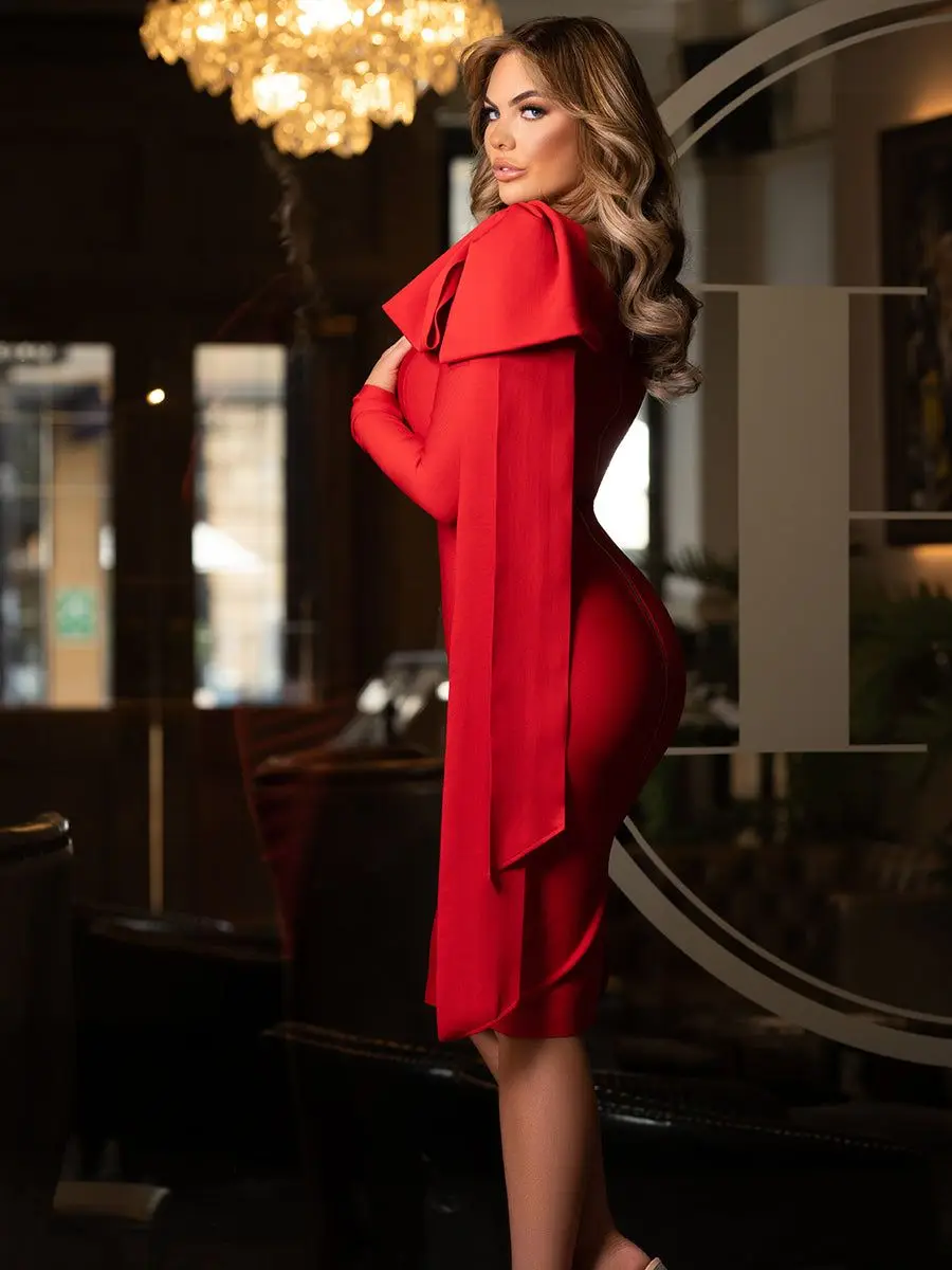 High Quality Red Asymmetrical Bandage Evening Dress Ruffle Split Bodycon Party Dress - Image 3