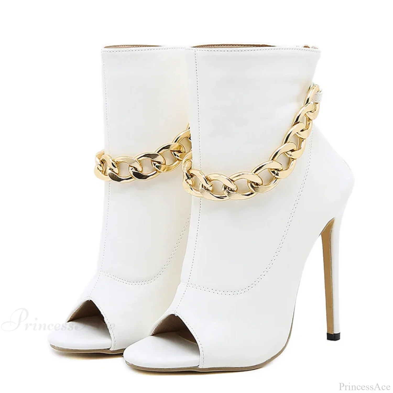 High-Quality White Leather Basic Boots Ankle Sandals Metal-Chain Thin-Heels Peep-Toe Zip Pumps High Heel - Image 5