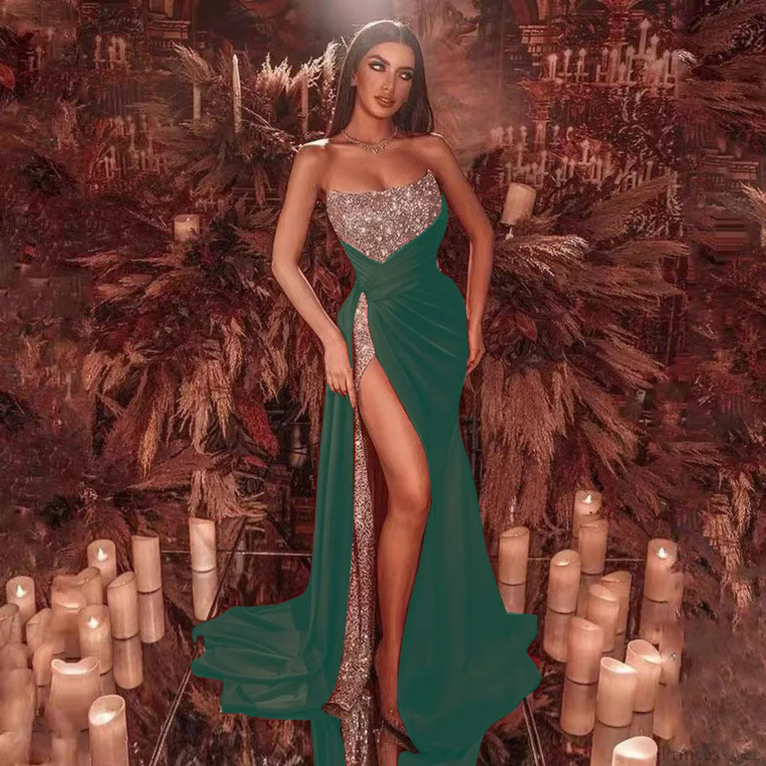 High Slit Floral Sequin Prom Dress - Image 4