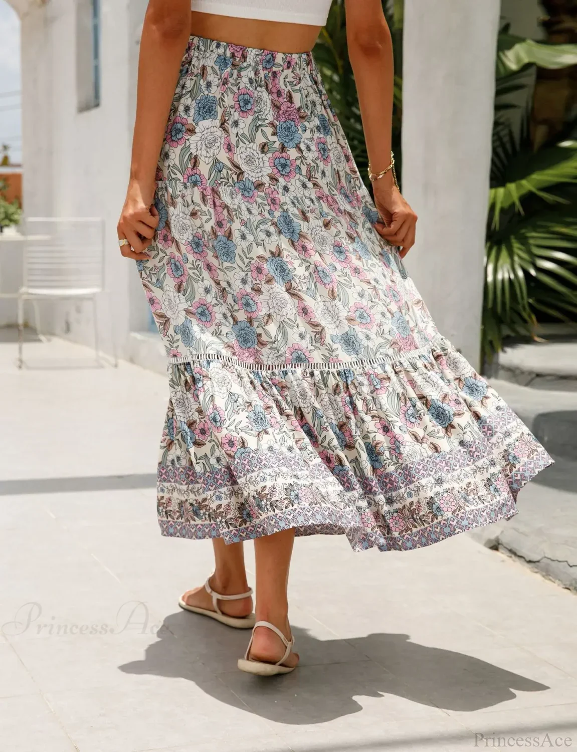 High Waist Floral Beach Skirt A-line Ruffled Lace Holiday Maxi - Image 3